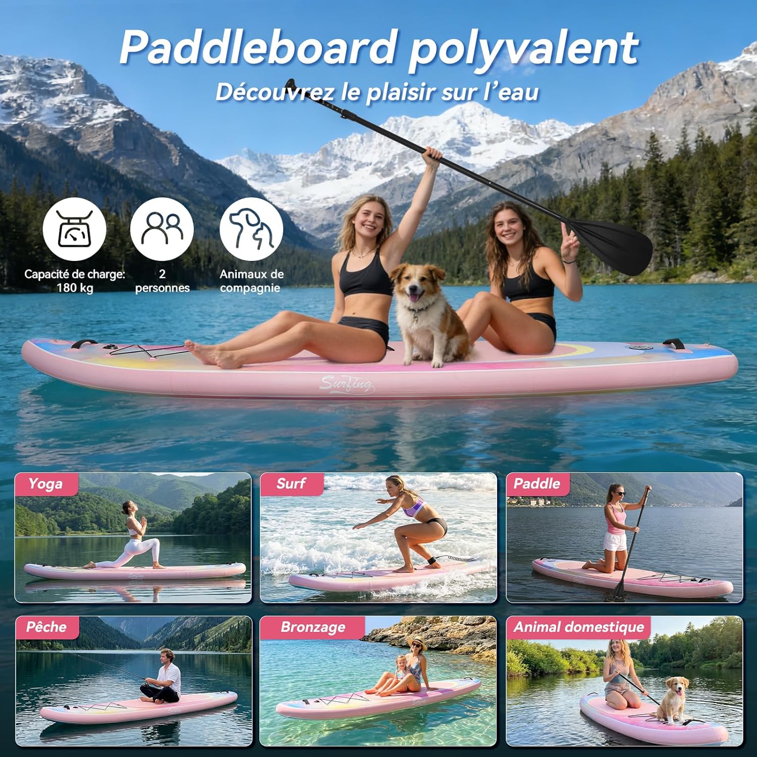 YU YUSING - Paddle Gonflable Série Adulte - 320/335cm - 2 places, siège kayak, pagaie alu, support caméra, pompe, 150kg