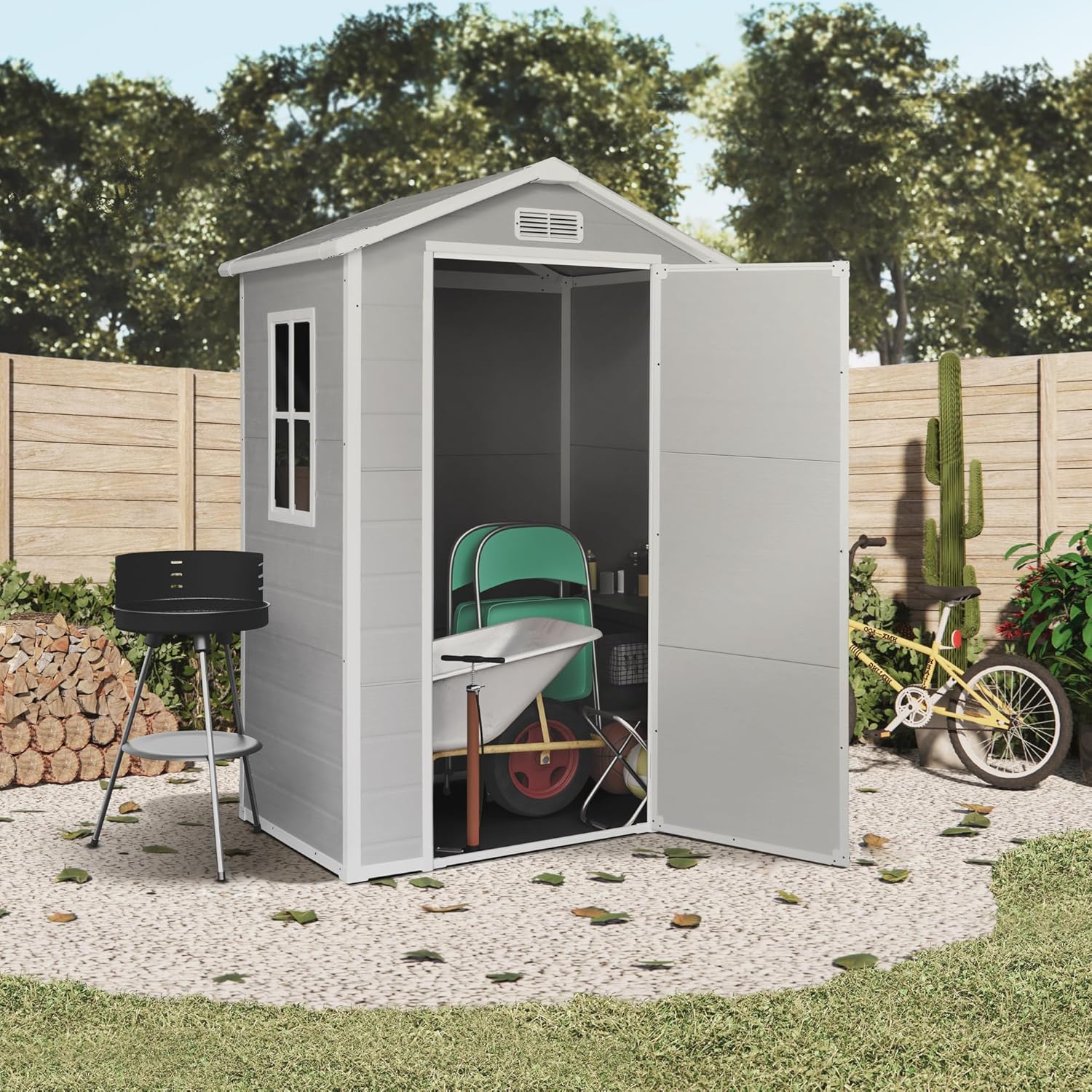 Abri de Jardin en Résine Aqua 1.4 - Assemblage Simple - Fenêtre à lumière du Jour - Panneaux de 12mm d'épaisseur - Plancher Inclus - Blanc Gris - Cabane de Stockage extérieur en PVC 1,37m2