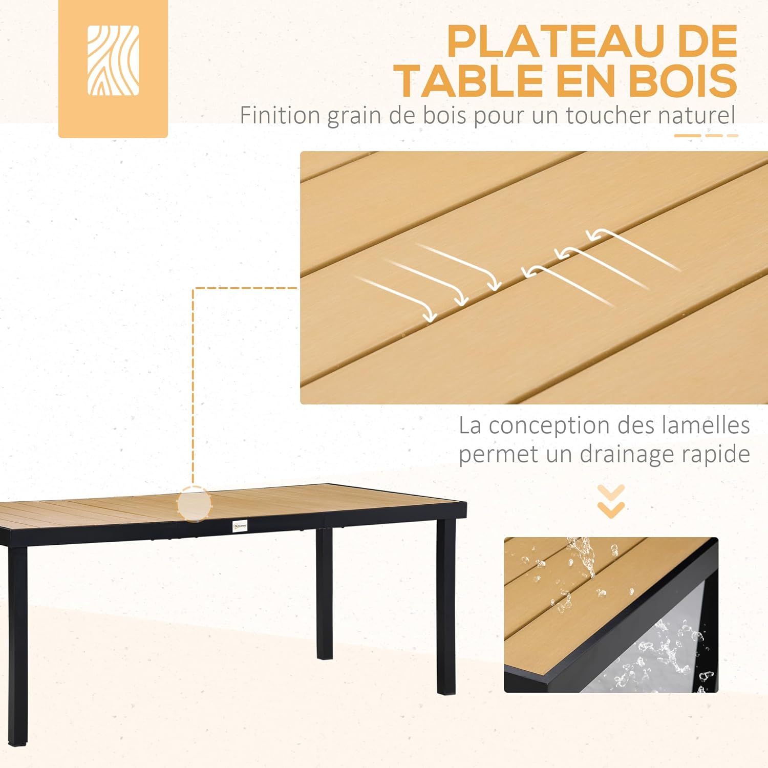 Outsunny - Salon de jardin aluminium 190 cm, 6 chaises pliables inclinables, bois naturel