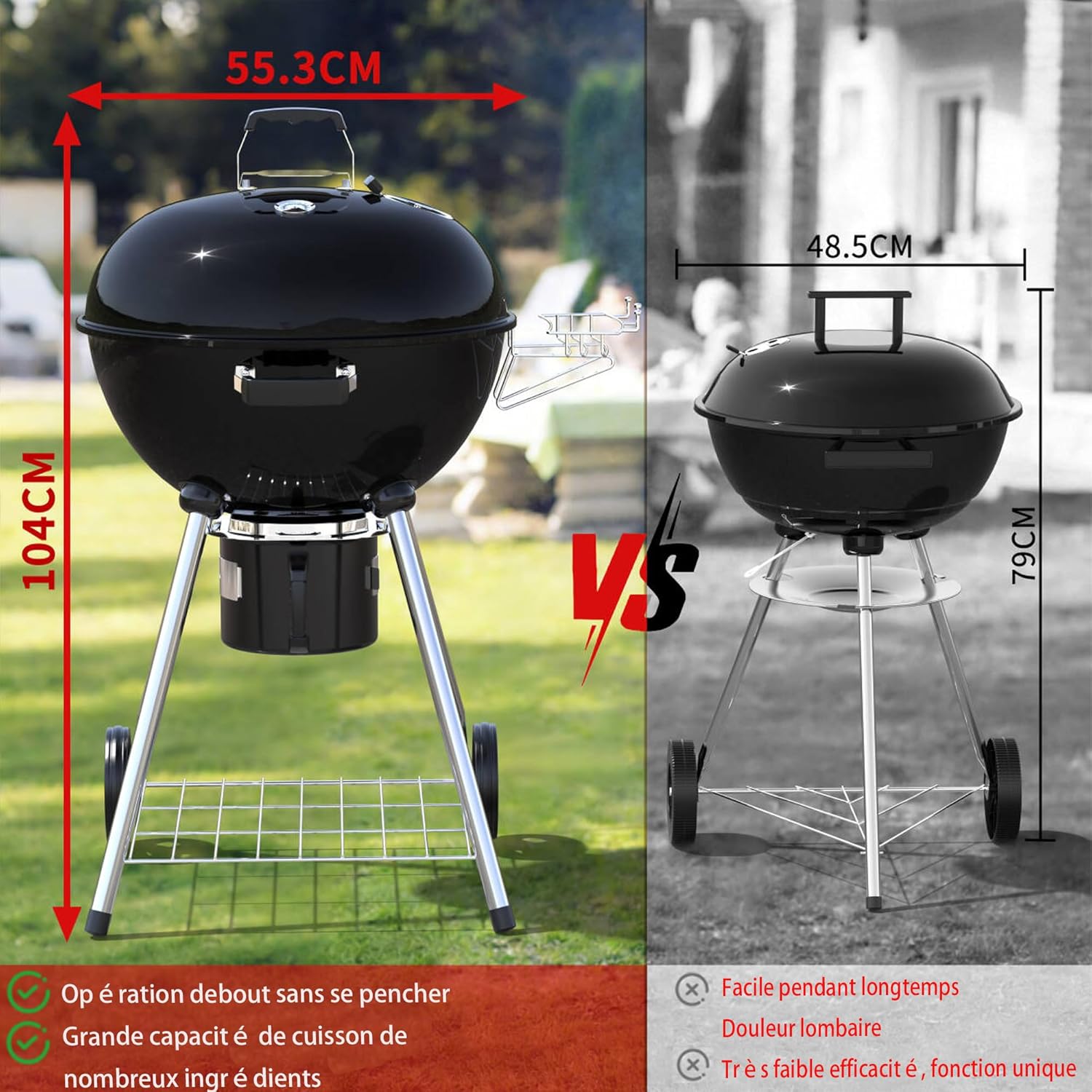 TEENO - 21 inch Barbecue boule, 83x71x105,5cm, tiroir à cendres, couvercle