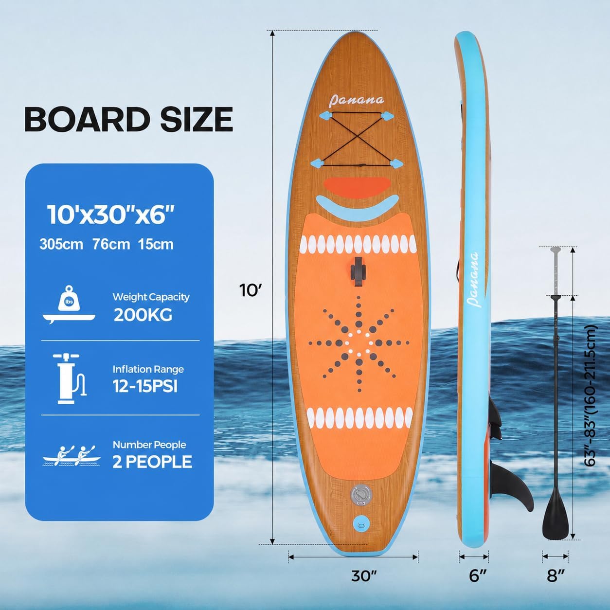 Panana - SUP Gonflable - 320cm - légère, pont antidérapant, accessoires
