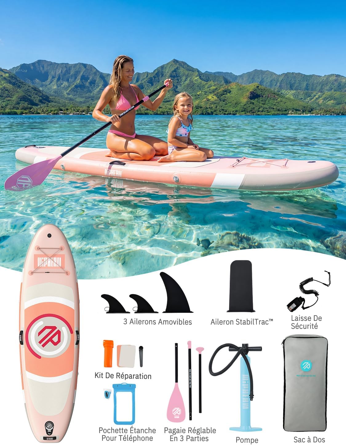 Niphean - Paddle Gonflable Adulte avec siège - Ultraléger  - Aileron StabilTrac, paddle yoga antidérapant, animaux