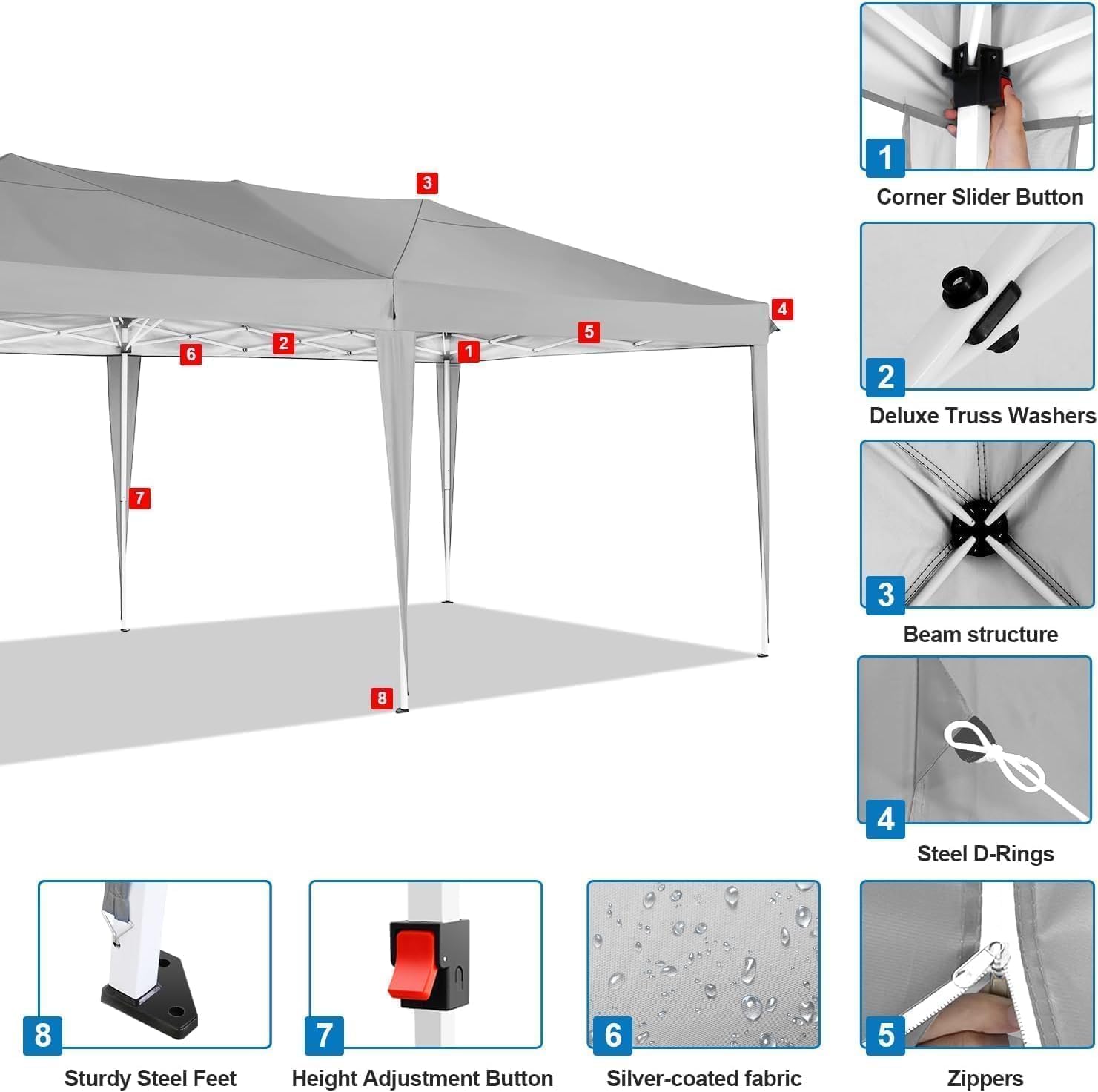COBIZI - Tonnelle pliante 3x6m - étanche, 6 parois, anti-UV, gris