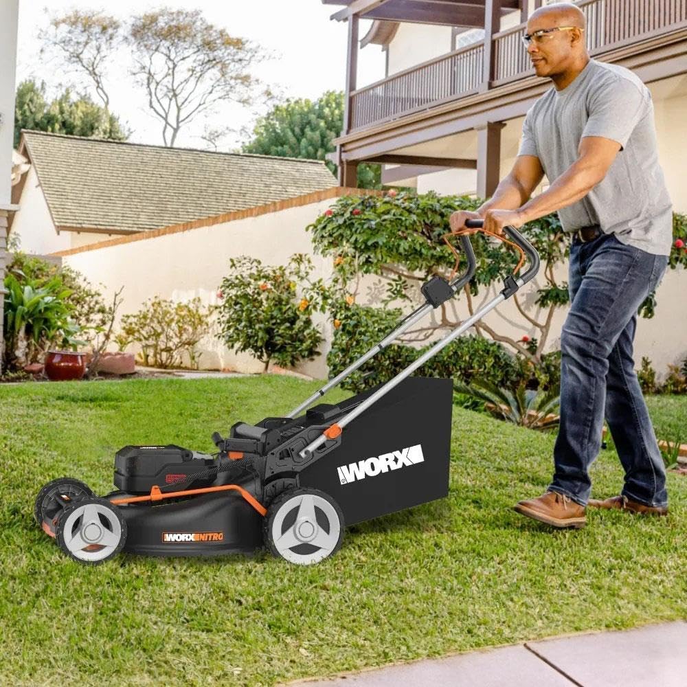 WORX - Tondeuse électrique sans fil 40V - Coupe 46cm, 7 niveaux, ramassage, mulching, poignée ergonomique, 2 batteries 4