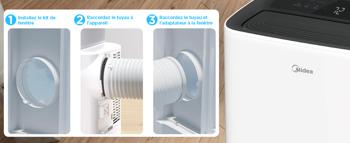 Appareil avec trois schémas d'instructions illustrant les étapes d'installation : 1) composant transparent du réservoir, 2) assemblage du tuyau spiralé, 3) placement du réservoir. Appareil blanc visible sur le côté droit de l'image composite.