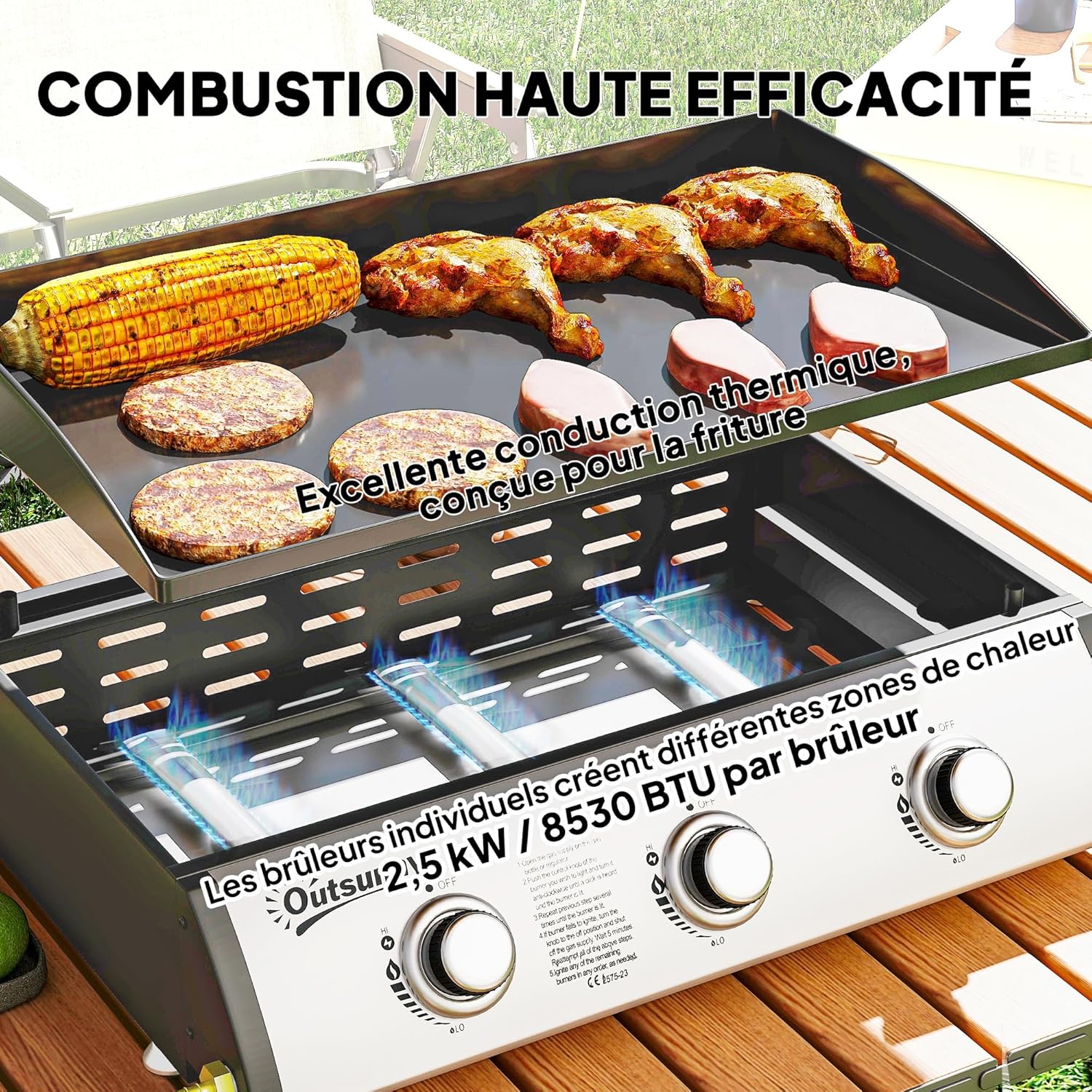 Outsunny - Plancha gaz 3 brûleurs, 61x35,5cm, couvercle, portable, 7,5kW
