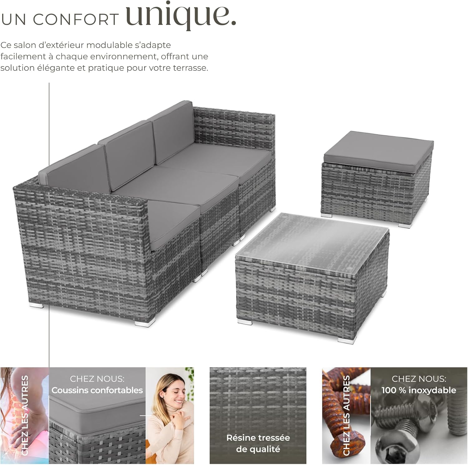 tectake - Salon de jardin modulable 4 places, poly rotin, table et poufs
