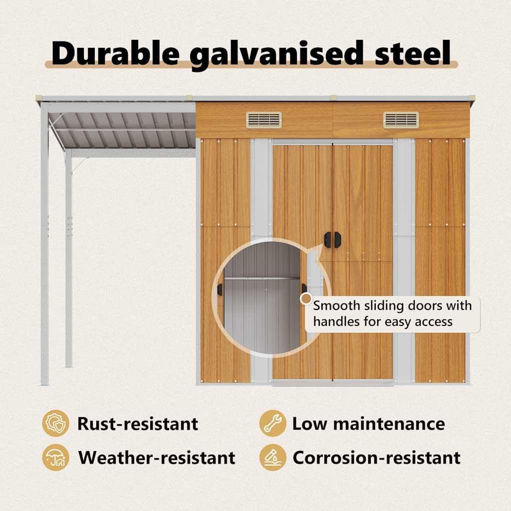 vidaXL Abri de Jardin avec Toit Prolongé, Cabane à Outils avec Poignées, Remise à Outils, Abri de Rangement Terrasse, Marron Clair 277x107x181 cm Acier