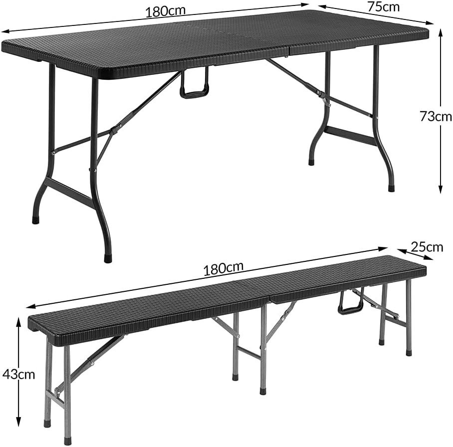 CASARIA - Ensemble table pliante 180cm, 2 bancs, 8 personnes, jardin, terrasse, camping