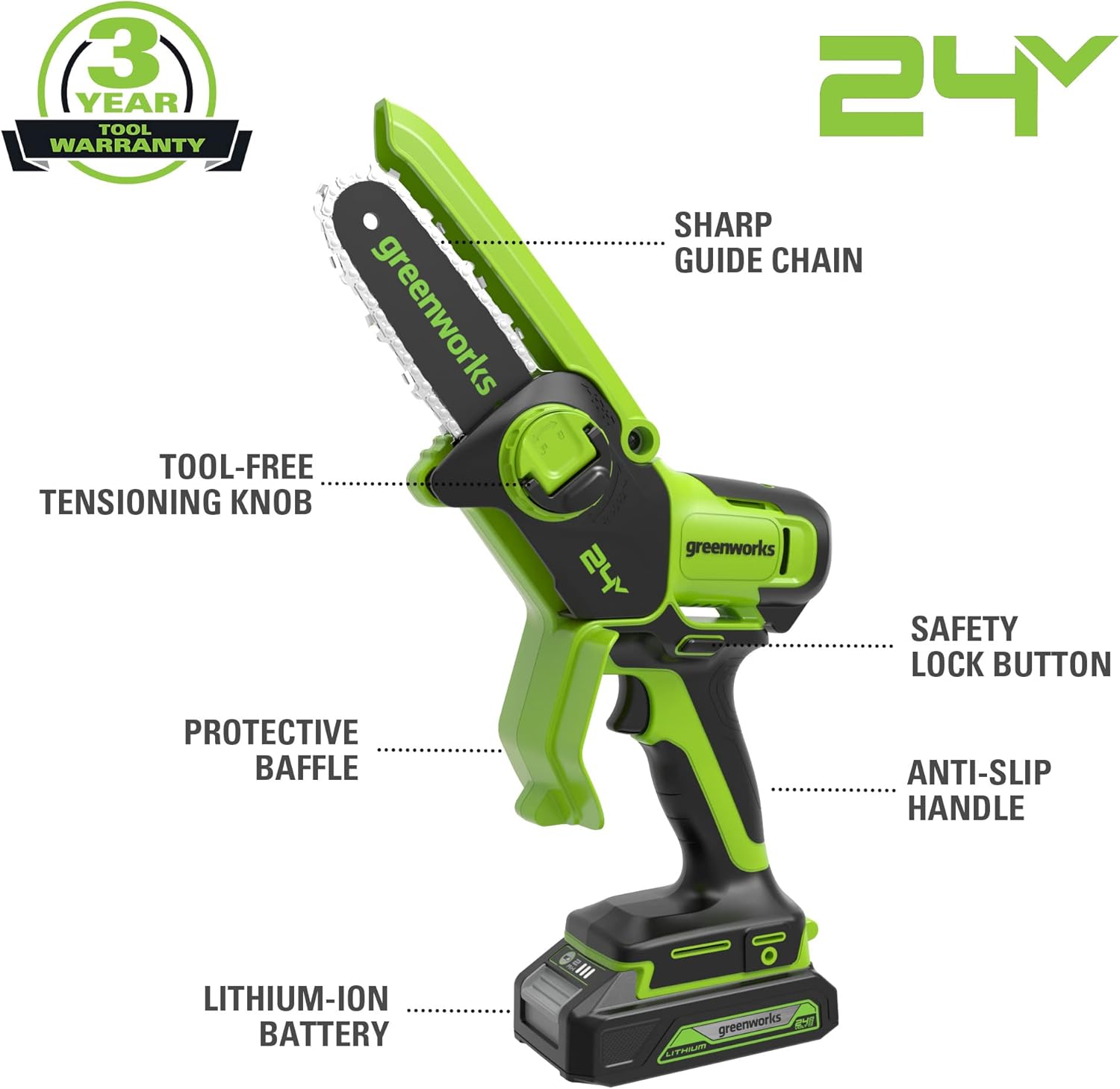 Greenworks 24V Mini Tronçonneuse 10cm Tronçonneuse à batterie sans fil alimentée par batterie et chargeur, vitesse de chaîne de 7,8 m/s, pour branches d'arbres, cour et usage domestique.