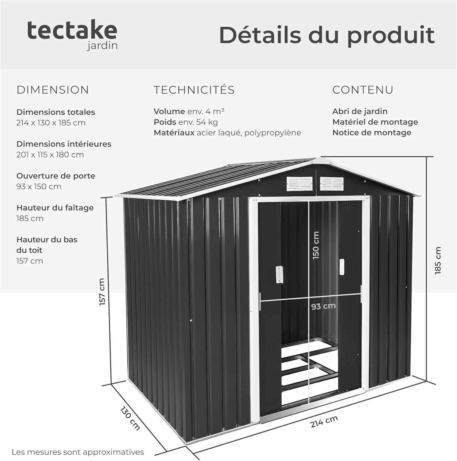 tectake - abri de jardin métal, 214x130x185cm, 4,2m³, double pente, fondation