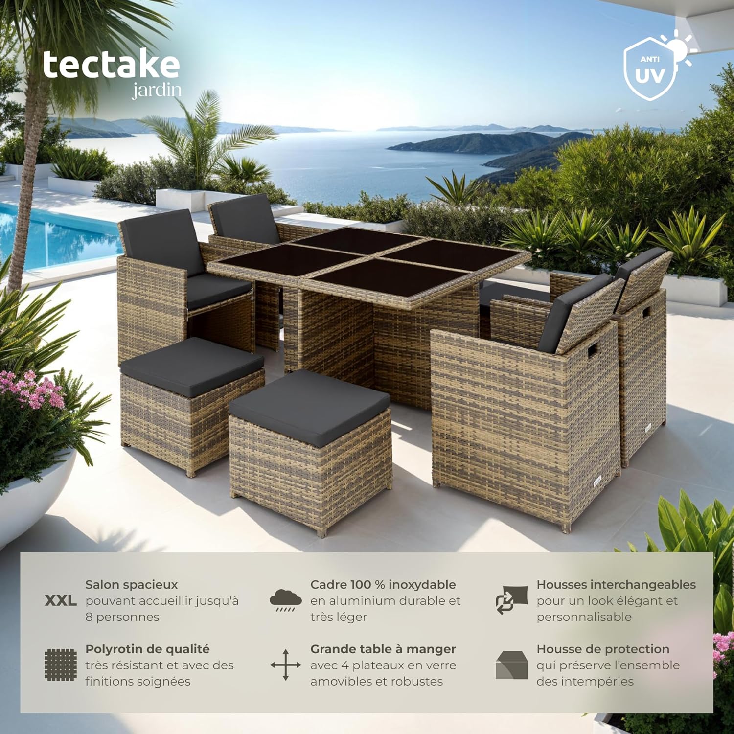 tectake - Salon de jardin 8 places - alu, poly rotin, marron naturel