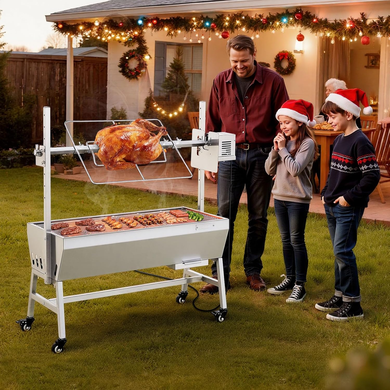 VEVOR - Barbecue à charbon avec tournebroche, 7 hauteurs, 60kg, 38W, inox