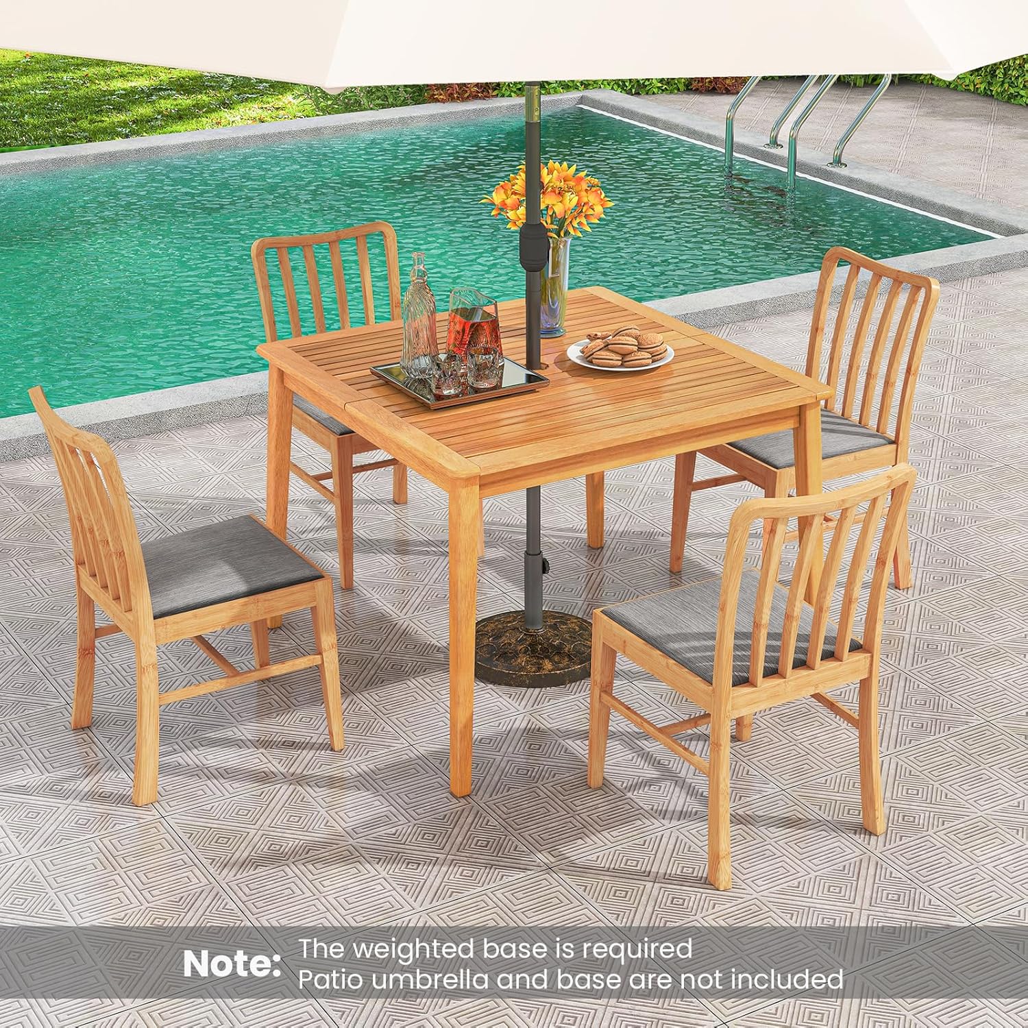 COSTWAY – Table de jardin carrée 100x100 cm – bois d’acacia, trou parasol