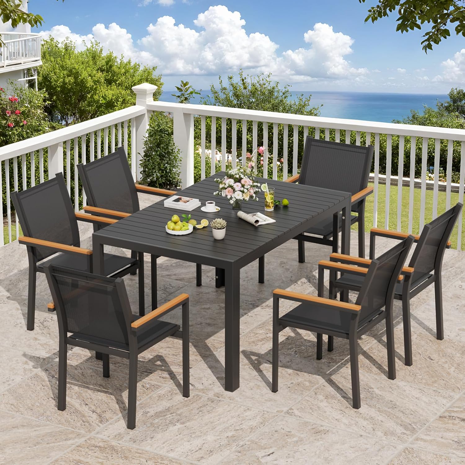 LIFERUN - Table jardin alu 140x90x75 cm WPC, 6 pers, noire