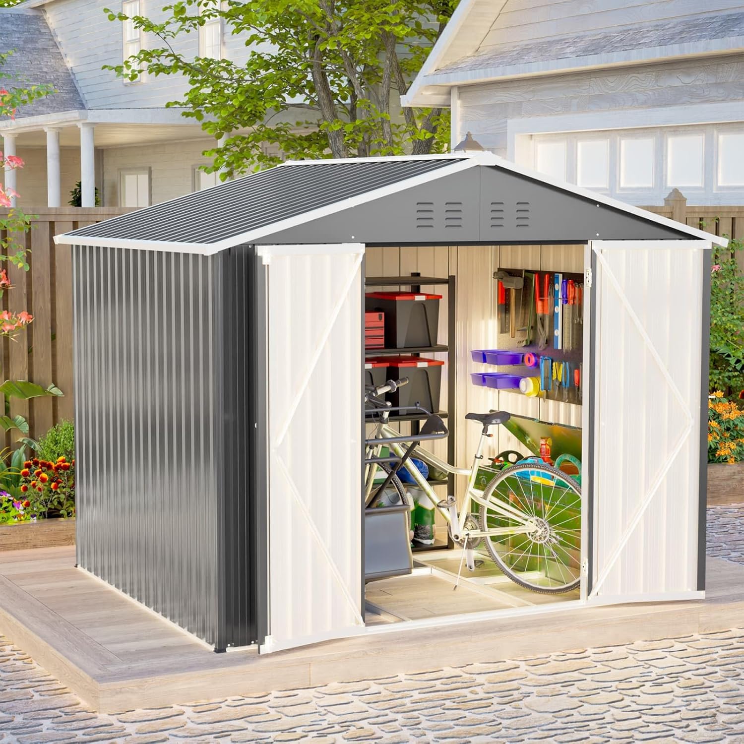 KOMHTOM - abri de jardin métal, 8x8, acier galvanisé, portes verrouillables, cadre inclus - 8X8