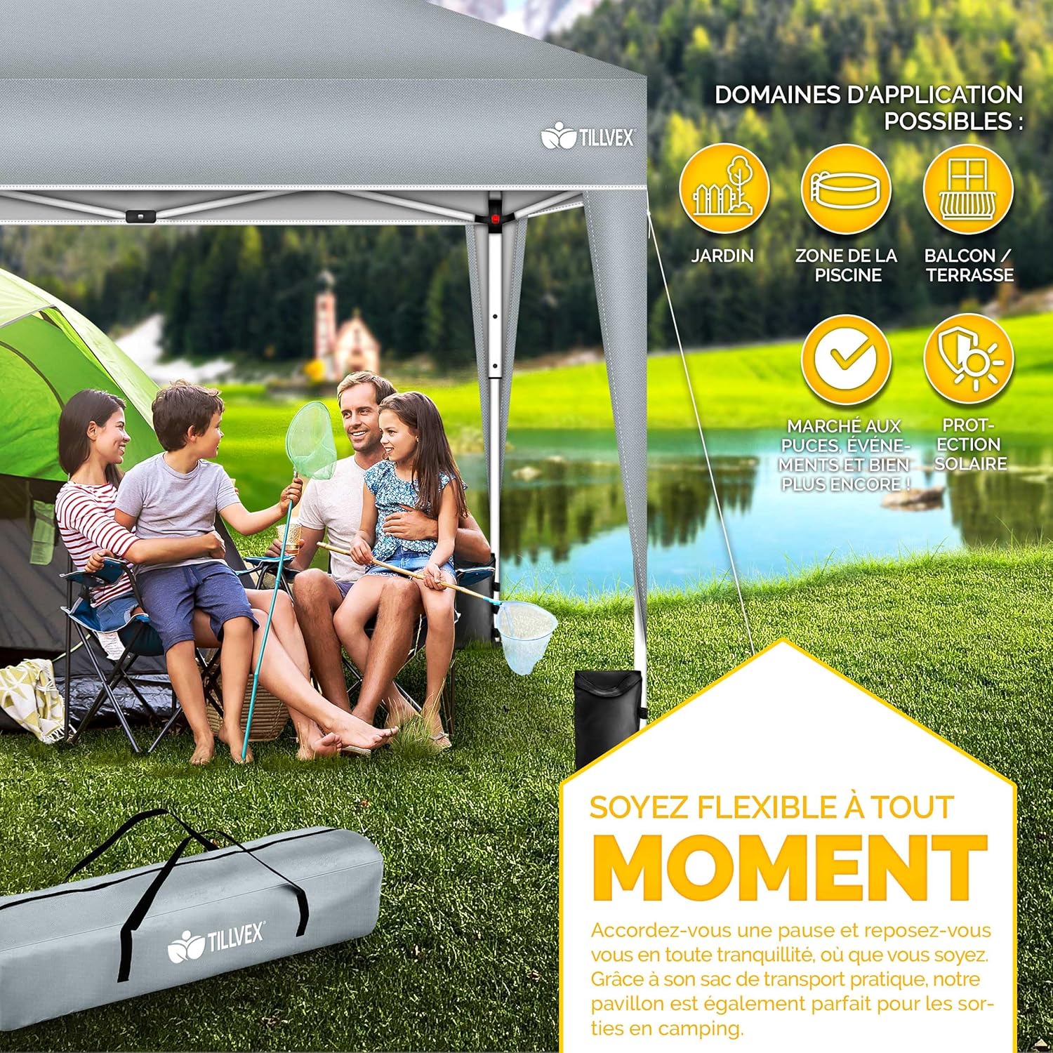 tillvex Tonnelle de Jardin 3 x 3 m Pliable | Tente Pliante à Hauteur réglable | Auvent pour Camping, Festival, Plage | Protection UV 50+ | Chapiteau avec Sac