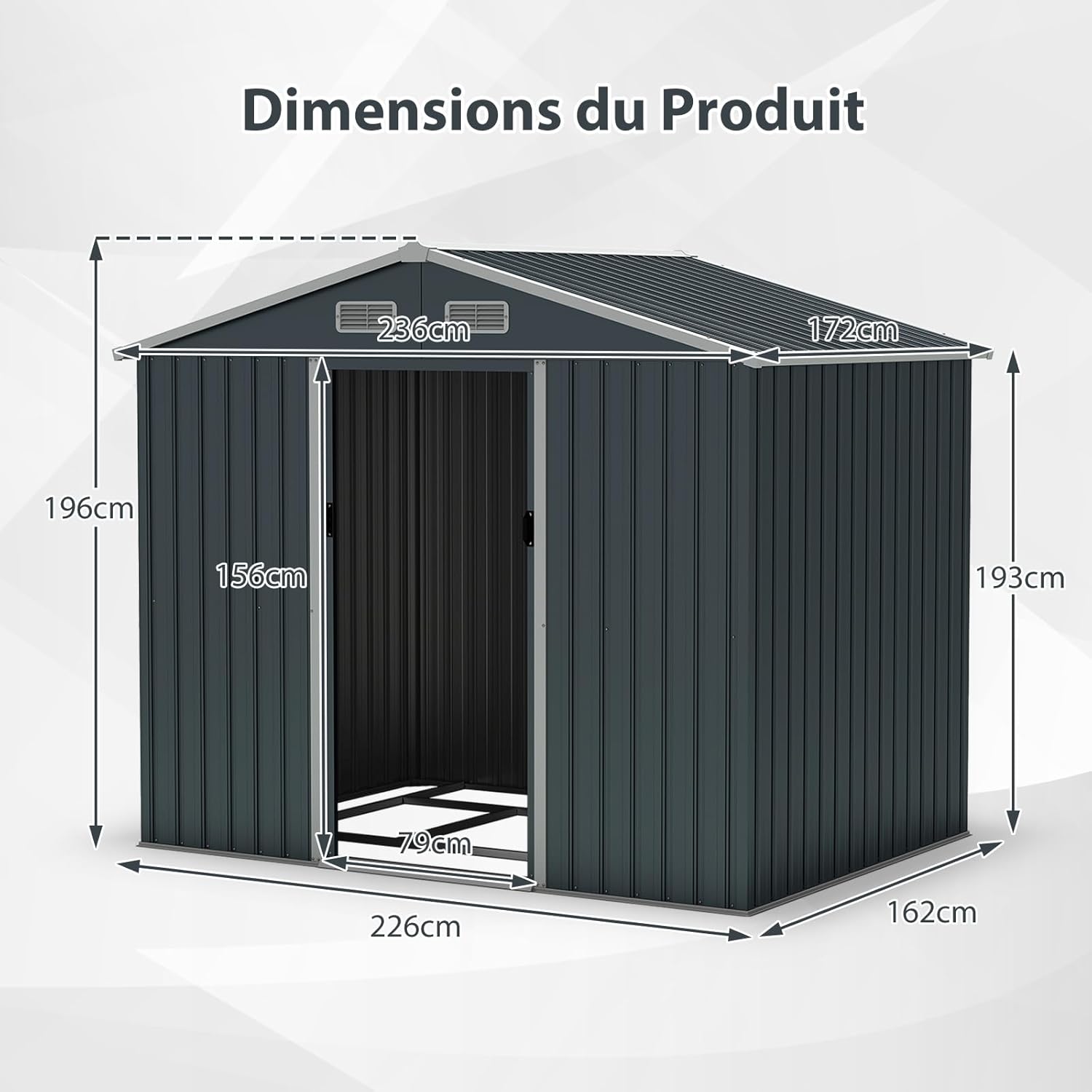Abri de jardin métal 4m² - toît double pente, portes coulissantes, 