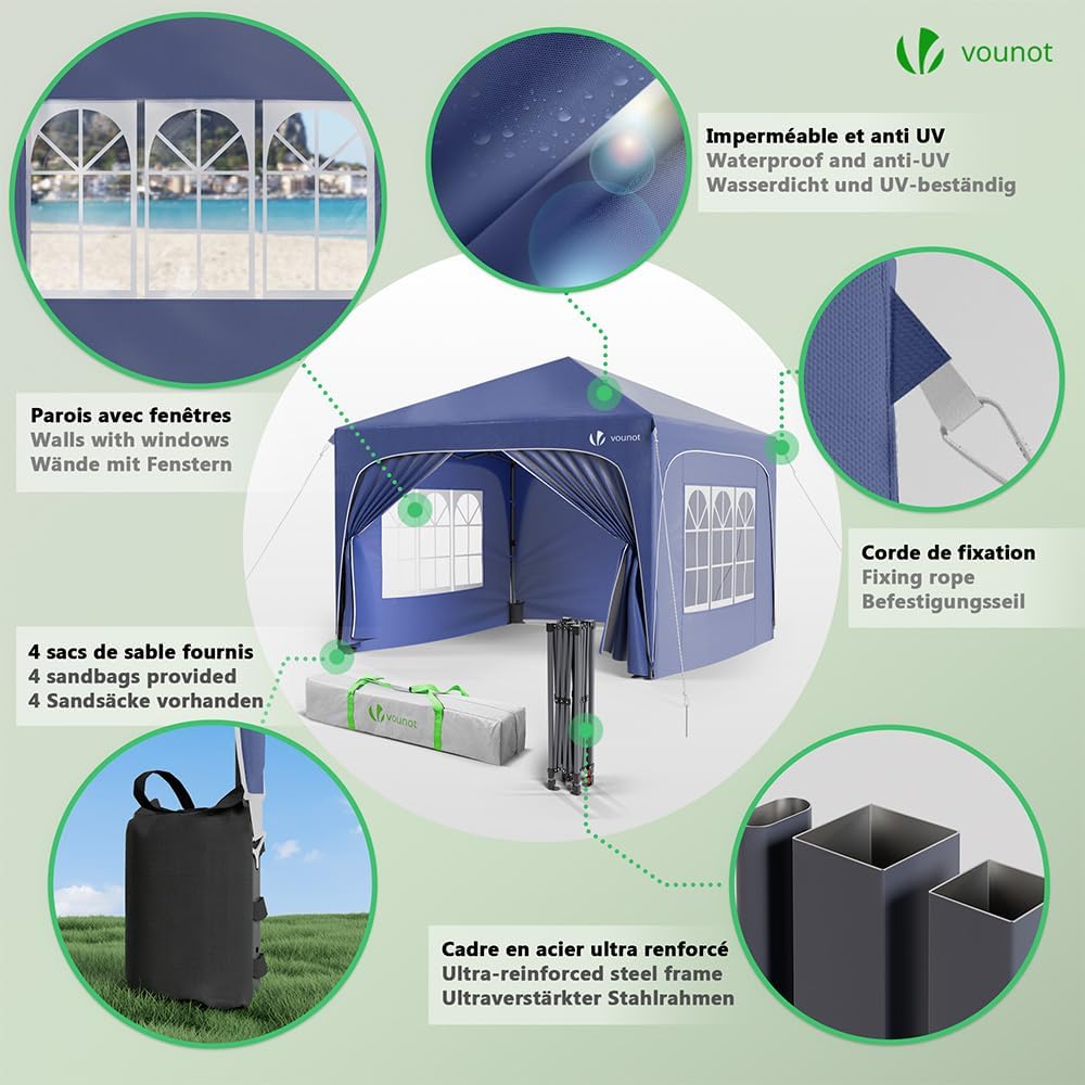 VOUNOT - tonnelle pliable série jardin - 3x3m - imperméable, anti-UV, réglable, sac.