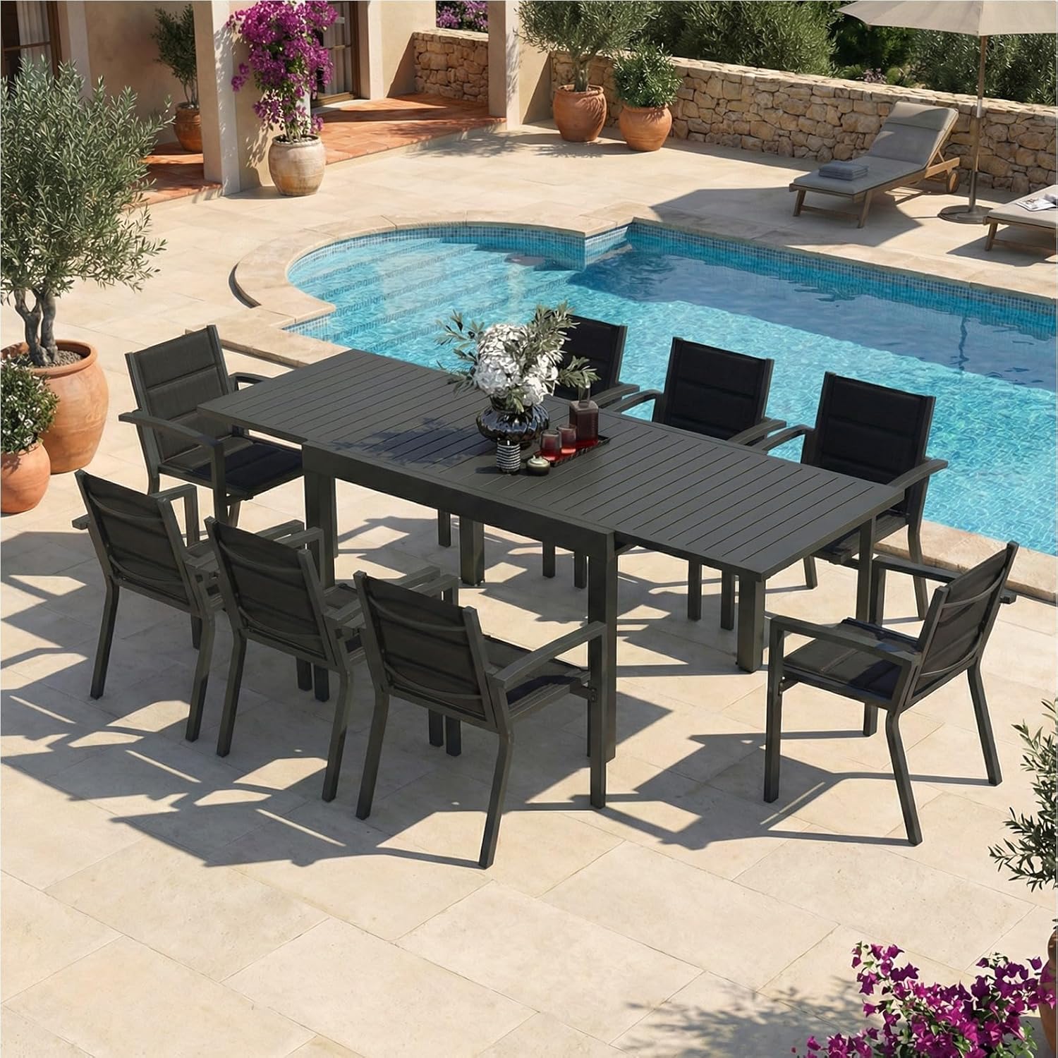 Devoko - Table de jardin extensible - 130/260x80x75 cm - Aluminium, résistante intempéries, extérieur, gris