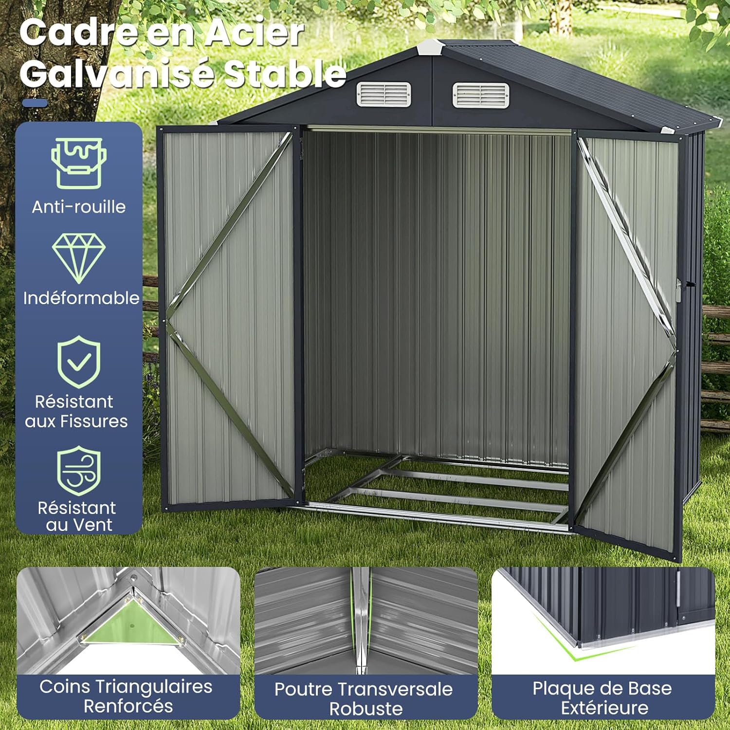 COSTWAY Abri de Jardin Métal Galvanisé 3,4 m³,Double Porte Verrouillable avec Clé, Cabane de Jardin Exterieur, Abri Rangement Exterieur pour Vélo, Poubelle, Outil