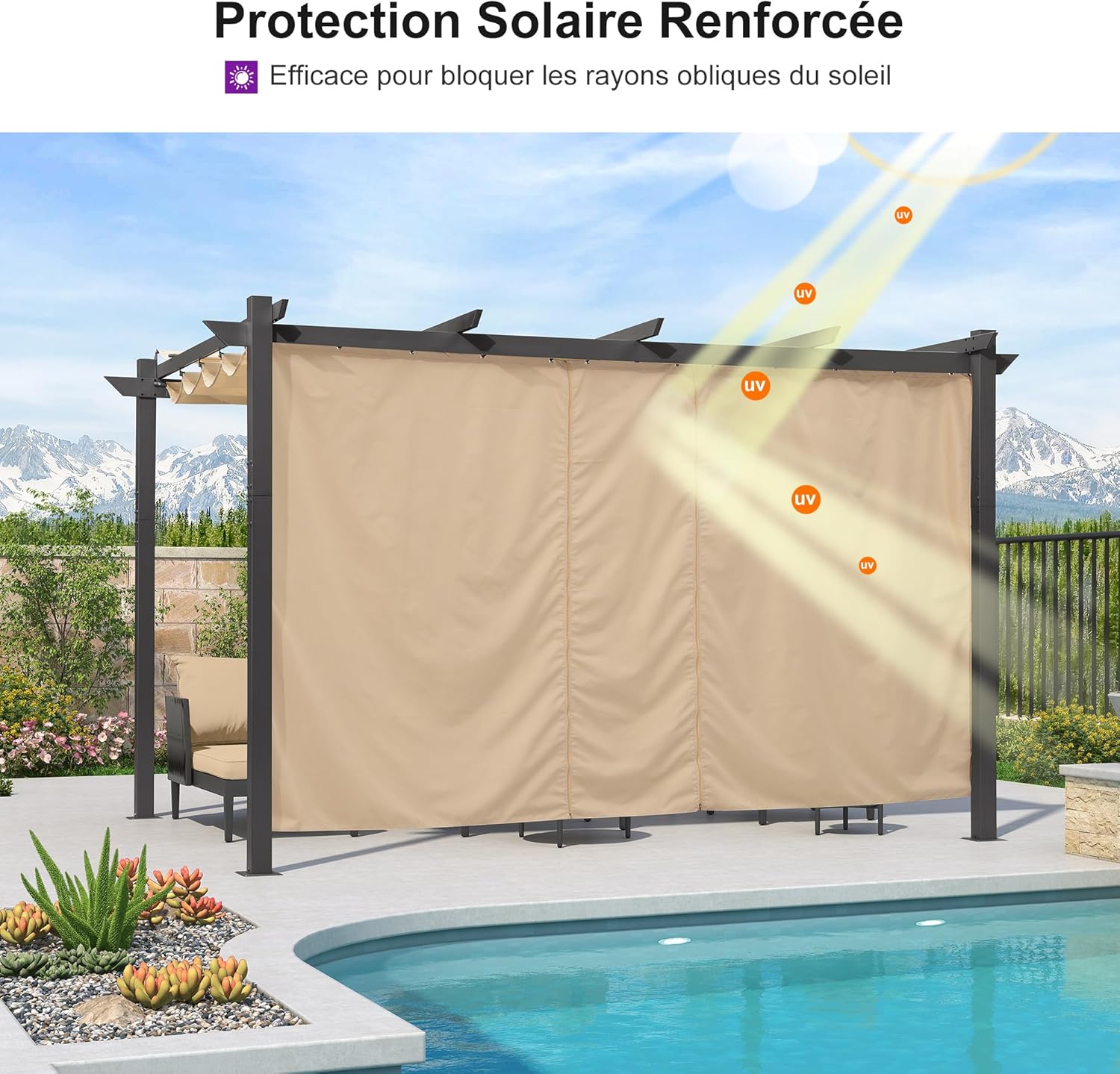 PURPLE LEAF - pergola aluminium - 4x3m - rideau, toit rétractable, kaki