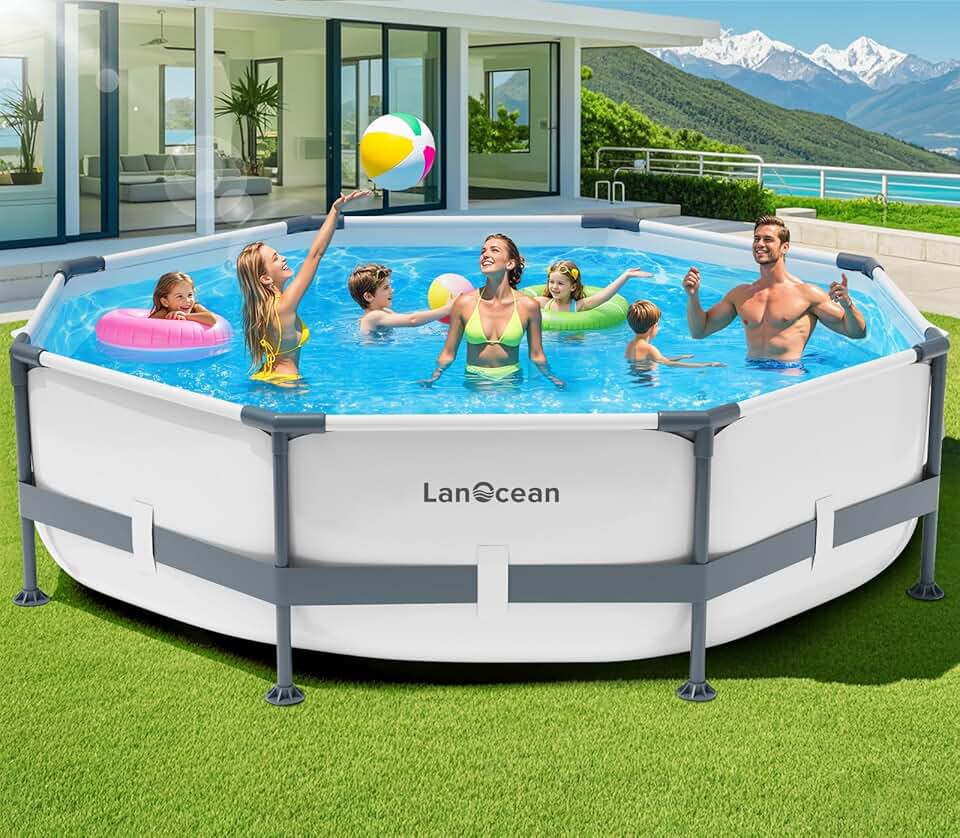 LanOcean Piscine Tubulaire Ronde 300x300x60cm, Piscine Hors Sol Ronde avec Matériau Anti-Crevaison, Grande Piscines Steel Frame Adulte Vidange Rapide, Piscines Tubulaire Jardin pour Toute la Famille
