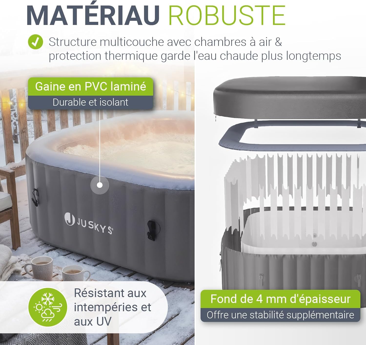 JUSKYS® Bain à remous SpaLuxe – Structure extérieure, 130 Buses, Puissance Totale 3000 W, modèle Gris/Bleu