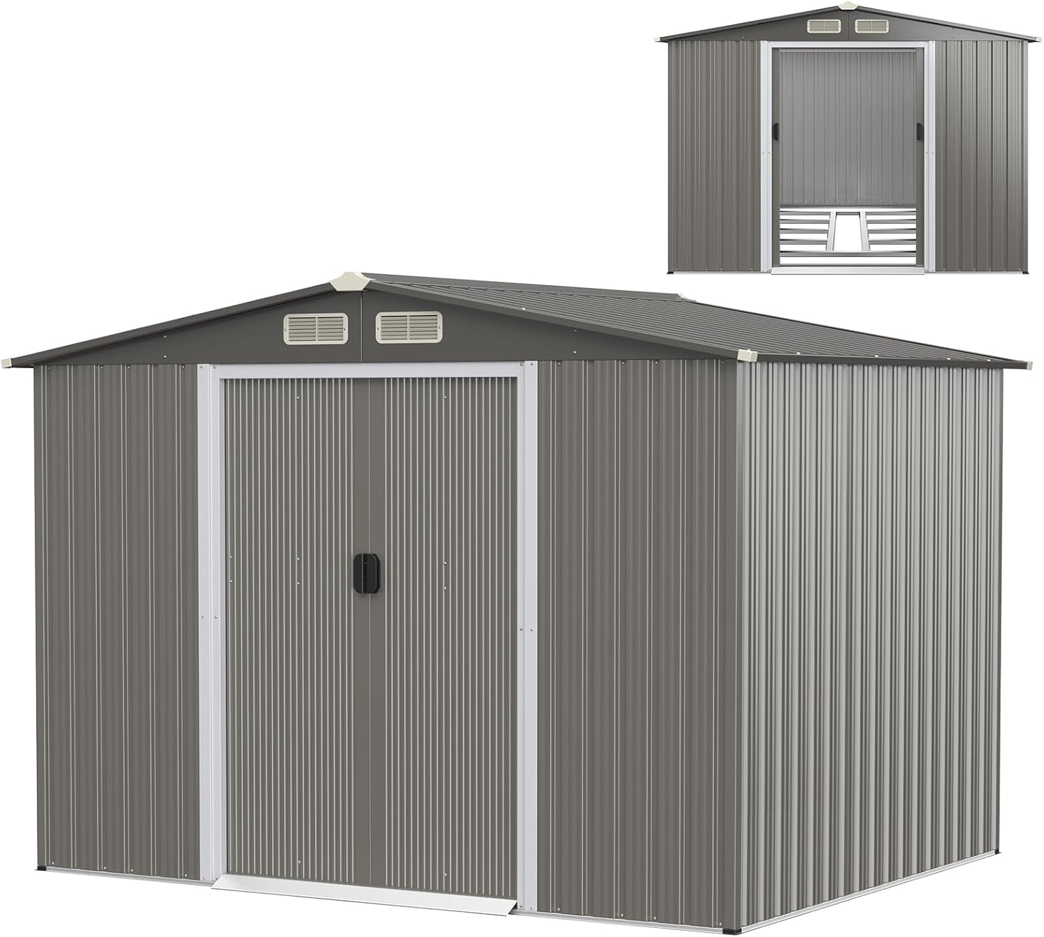 COSTWAY Abri de Jardin 4.7㎡en Acier Galvanisé Anti-UV, 260 x 207 x 181 CM, Cabane de Jardin Exterieur 9.7 m³ avec Fondation et Porte Coulissante, Rampe, 4 Trous d’Aération, 4 Gants Inclus, Gris Foncé