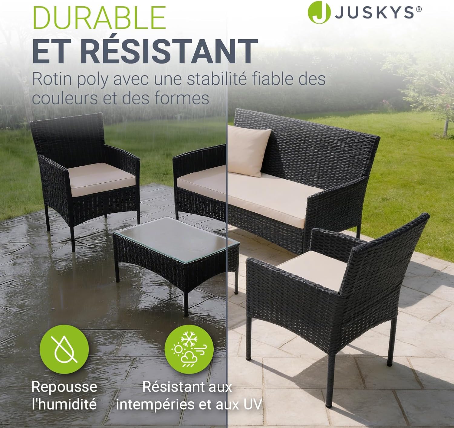 Juskys - Fort Myers, salon 4 places, canapé 2p, chaises, table, coussins