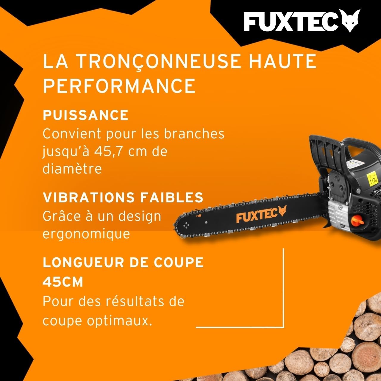 Fuxtec Tronçonneuse Thermique 46 cm - 18 Pouces FX-KS255 Black Edition 54cm3 2 Temps Essence 2,3kW Élagage Ébranchage Bois De Chauffage