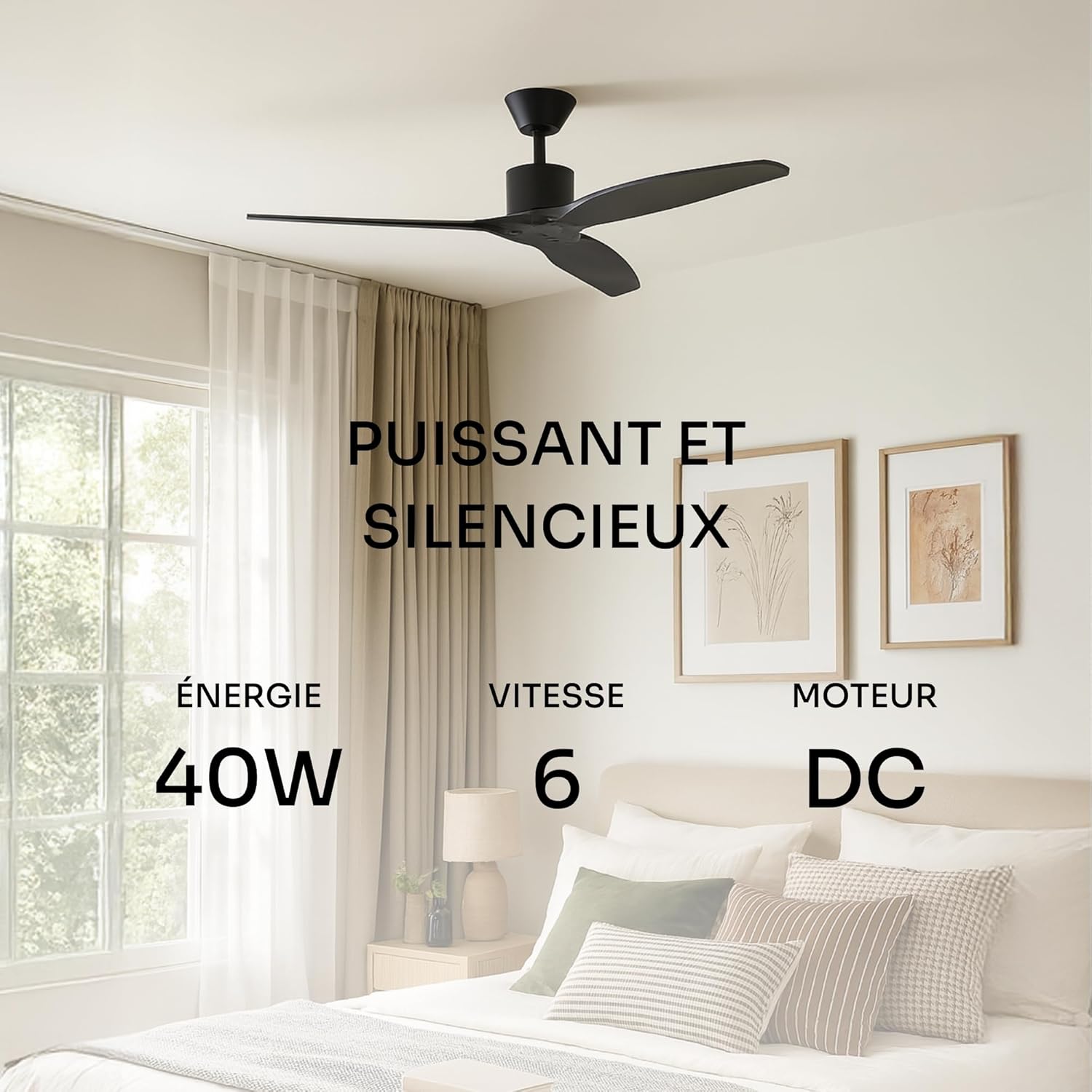 Mellerware - Ventilateur de plafond avec télécommande Brizy! 45W | Puissant | Ultra silencieux | 3 lames | Diamètre 132cm | 6 vitesses | Refroidissement + LED intégrée | Noir
