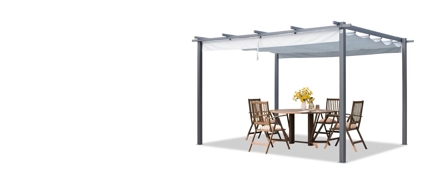 Structure de pergola moderne en métal gris avec auvent blanc rétractable, illustrée avec un mobilier de salle à manger d'extérieur en dessous