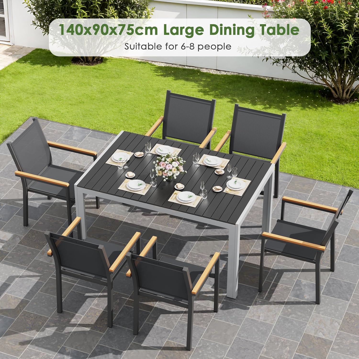 LIFERUN - table de jardin rectangulaire - 140x90x75 cm - aluminium et WPC, 6 places, noire