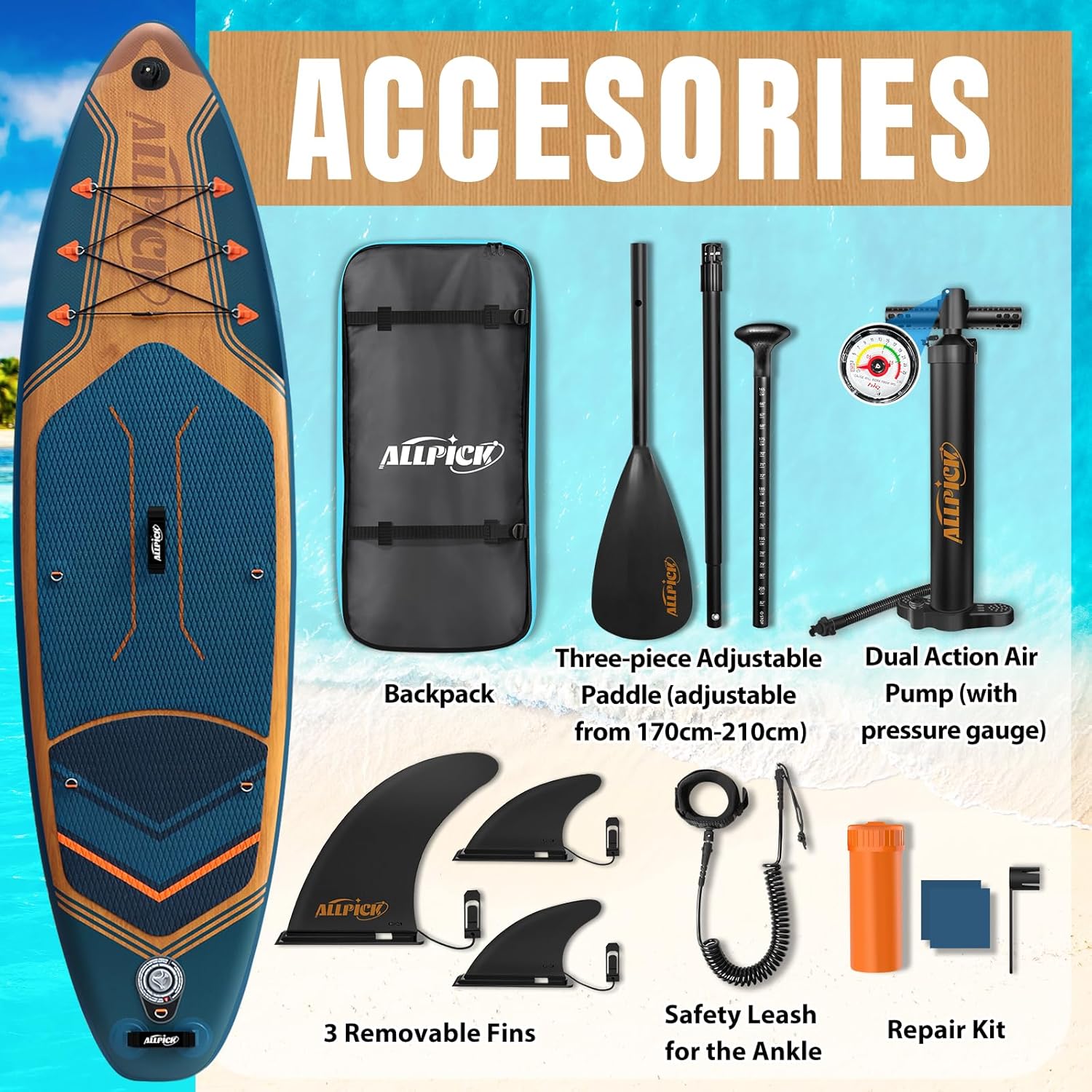 ALLPICK - Paddle gonflable série 320 cm - 200 kg, pagaie réglable, support caméra