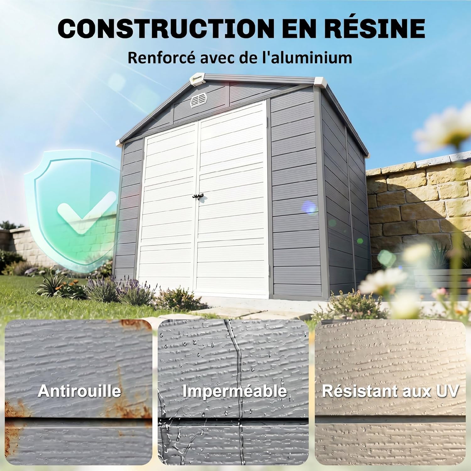 Outsunny - abri de jardin résine 240x190x228cm - 4,6m², fondation alu, portes loquet, 3 fenêtres
