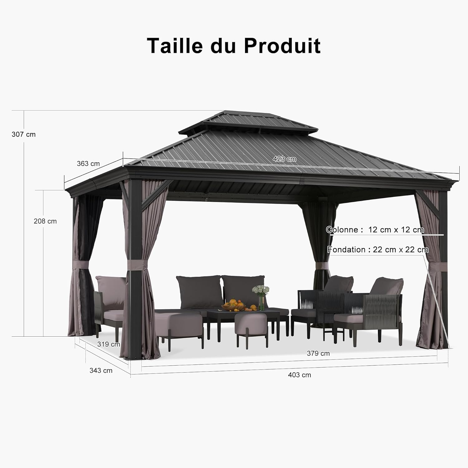 PURPLE LEAF - tonnelle aluminium - 4,25x3,65m - éclairage intégré, rideaux moustiquaires, gouttière, poteaux renforcés