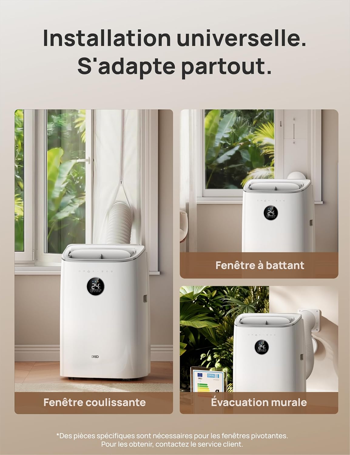 DREO - climatiseur mobile série AC318S - 7500 BTU, 3-en-1, silencieux, 2,5L/h, contrôle app/voix, kit fenêtre, AC318S