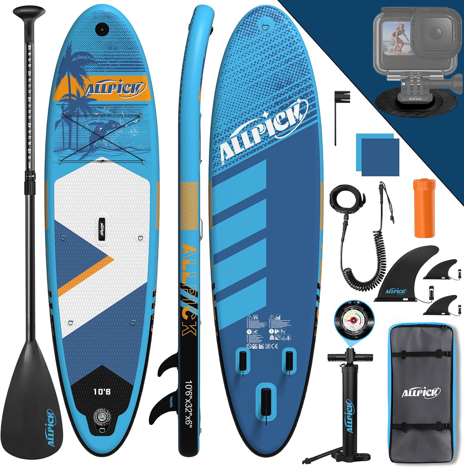 ALLPICK Paddle Gonflable, Kit de Padelsurf de Stand Up Paddle Sup Gonflable de 320 cm, avec Support Universel pour Caméra, Pagaie réglable, Débutants et confirmés, 200 kg