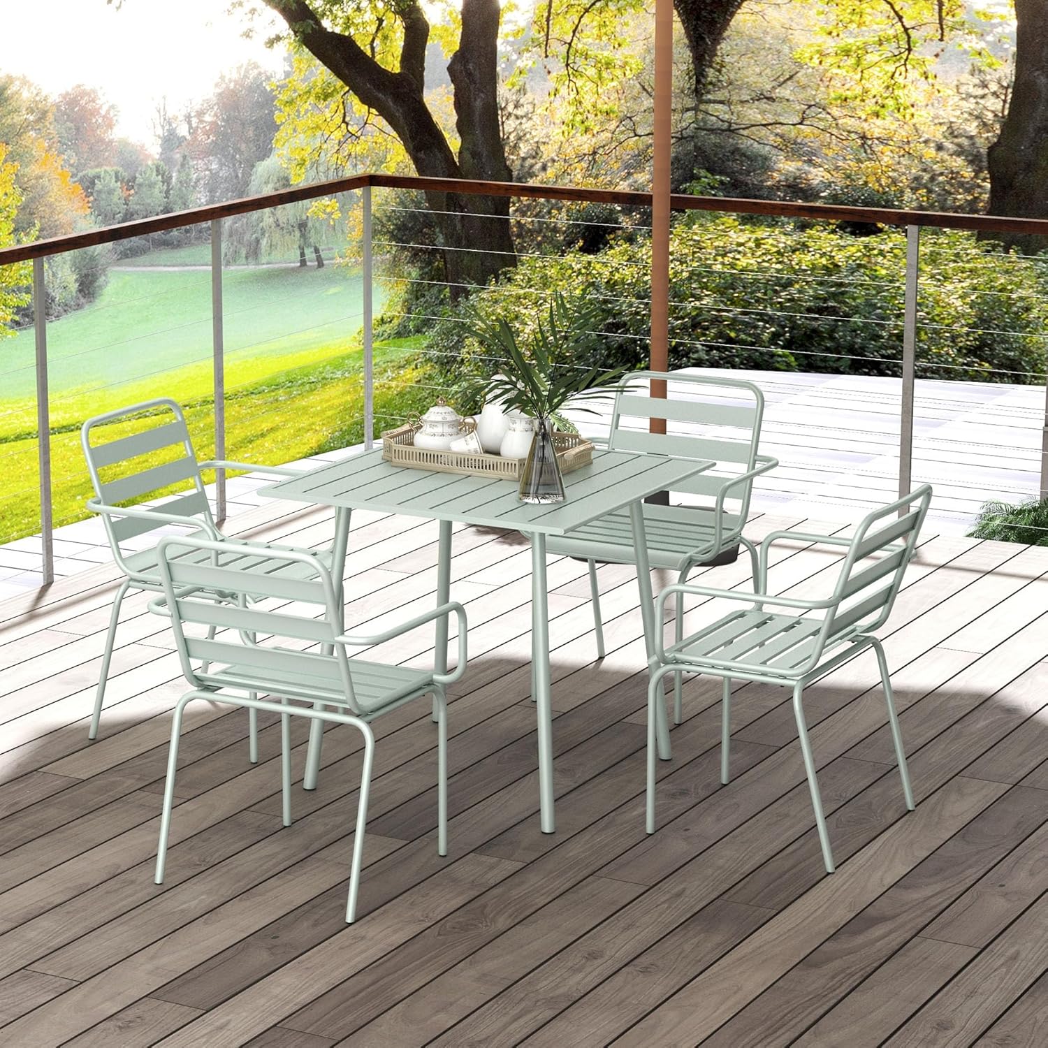 Outsunny - Salon de jardin 5 pièces - table + 4 chaises acier vert clair - chaises empilables