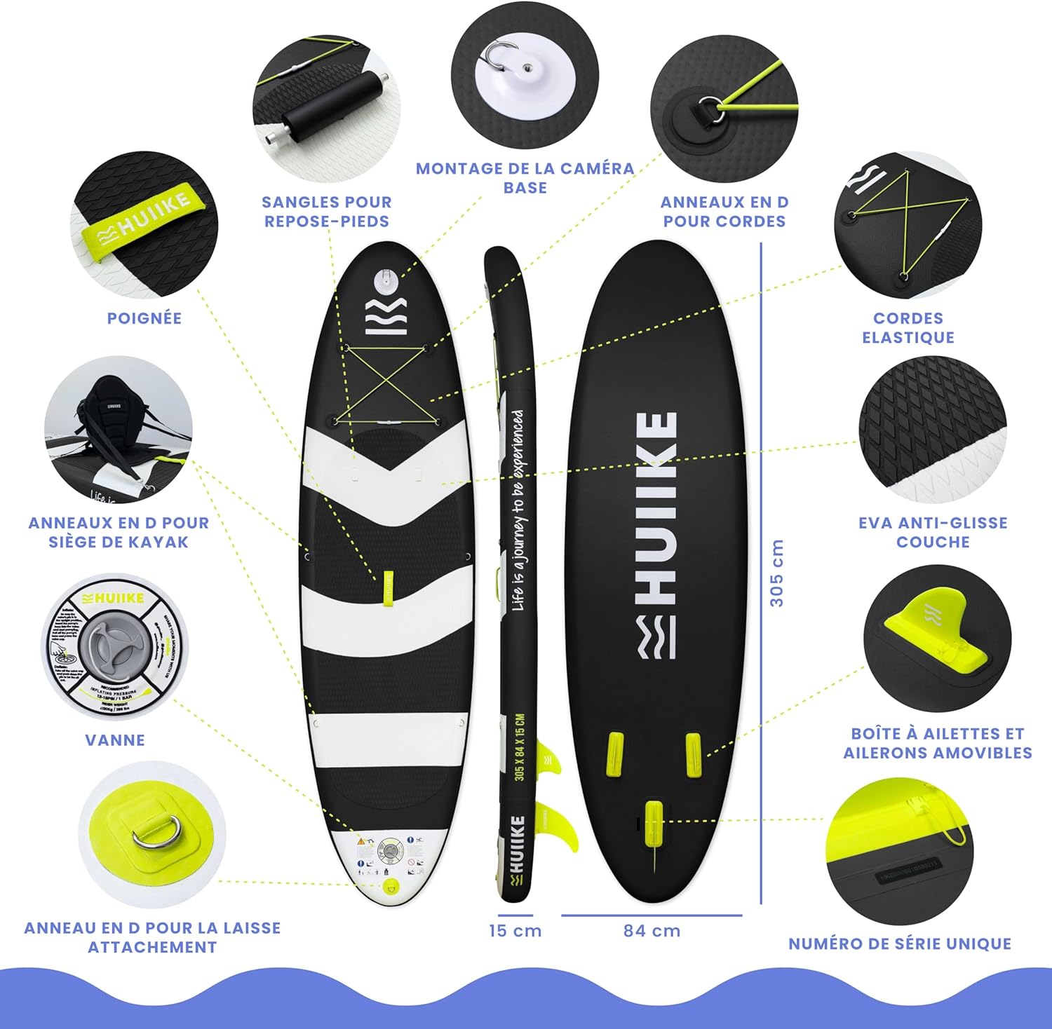 HUIIKE - Paddle Gonflable adulte - 305x84x15cm - stable, résistant, 130kg