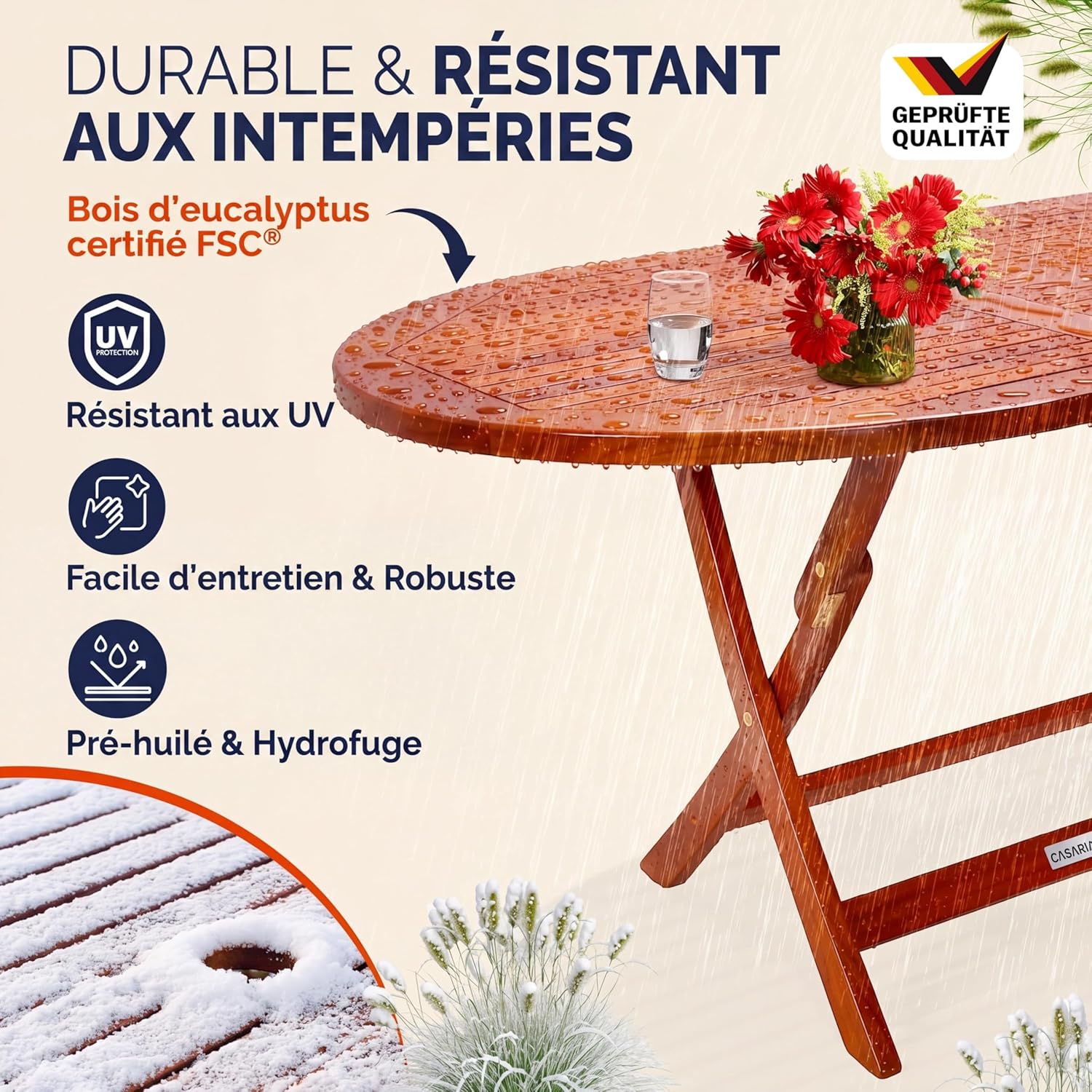 Casaria - Table D Extérieur Alabama - ovale 6 pers. - bois d'eucalyptus, pliante, trou pour parasol