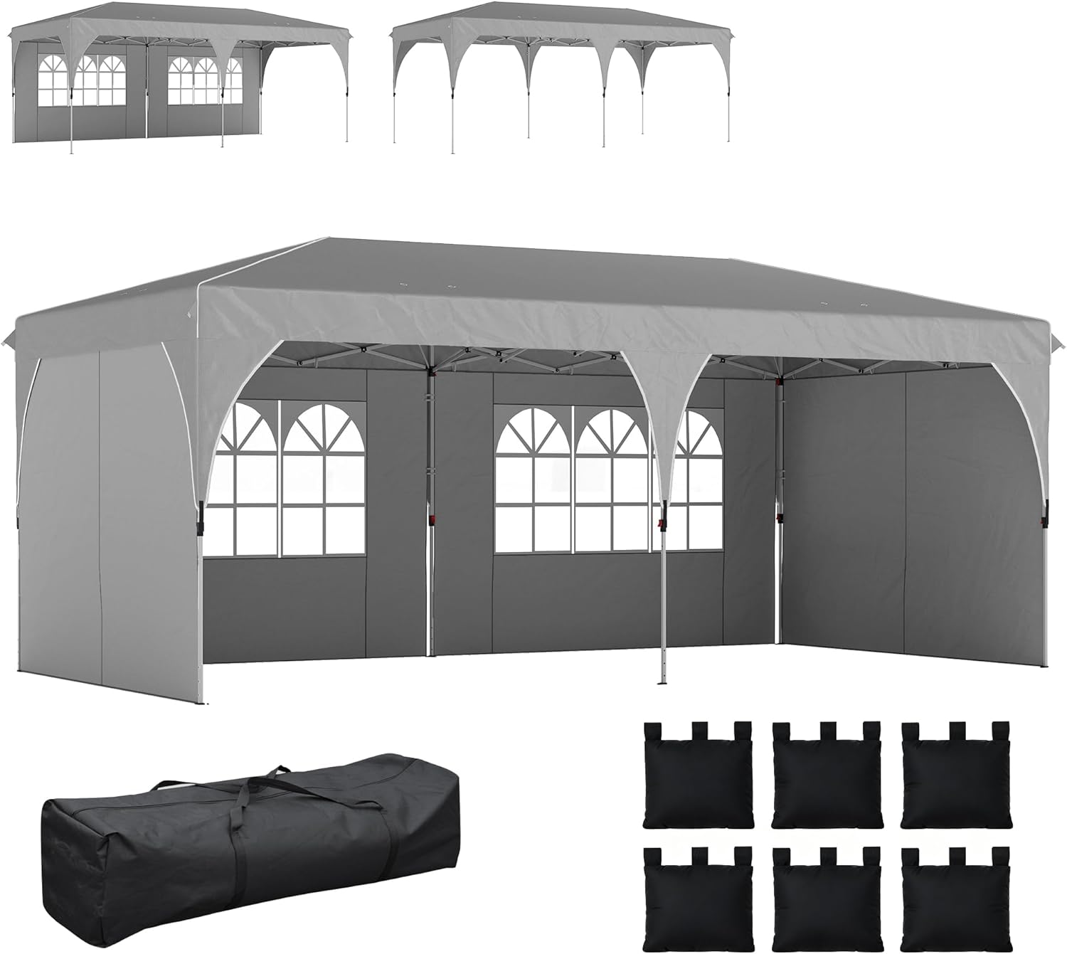 Outsunny - Tonnelle Pop Up 3x6m, imperméable, réglable, UV50+, sacs, gris