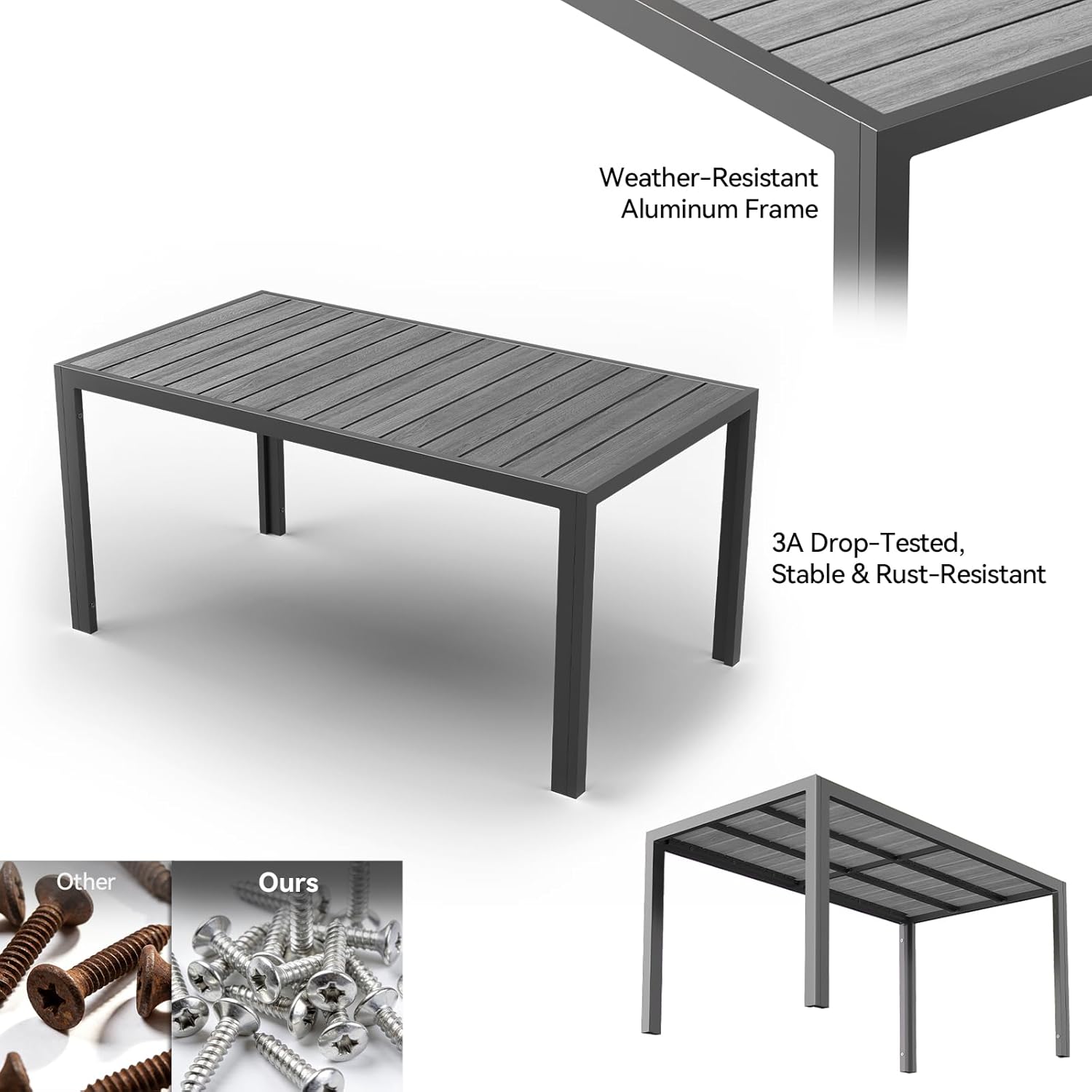 JUMMICO - Table de jardin 150x80cm - aluminium, aspect bois, antirouille
