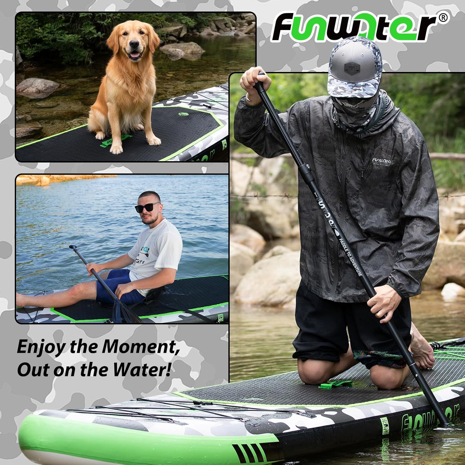 FunWater Planche de stand up paddle gonflable de 330 cm - Kit complet avec pagaie, sac à dos, étui pour téléphone portable, 3 palmes, pompe, siège et bandoulière - Planche de SUP pour débutants et