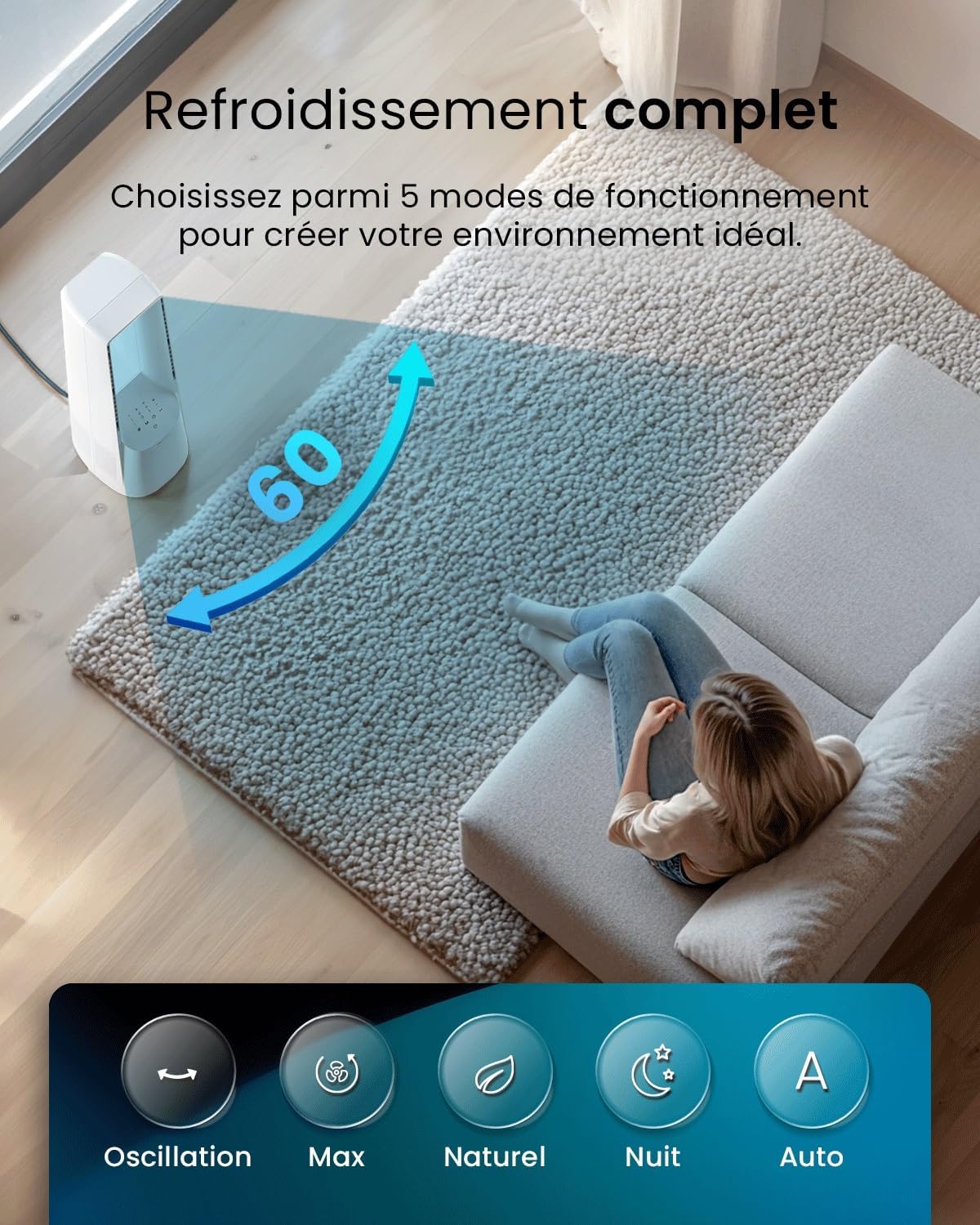 Pro Breeze - Ventilateur Tour WiFi Intelligent 101cm - Silencieux, LED, télécommande, 6 vitesses, oscillation