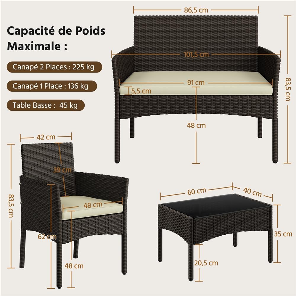 Yaheetech - Salon de jardin 4 places - polyrotin métal - canapé, fauteuils, table, coussins - brun/beige