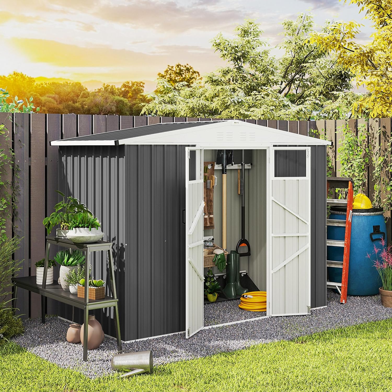 Outsunny Abri de Jardin en métal 2,7 m² cabane de Jardin 246 x 117 x 180 cm cabanon Rangement Outils avec fenêtre, 4 évents et Porte verrouillable, cabanon Jardin extérieur en Acier galvanisé, Gris