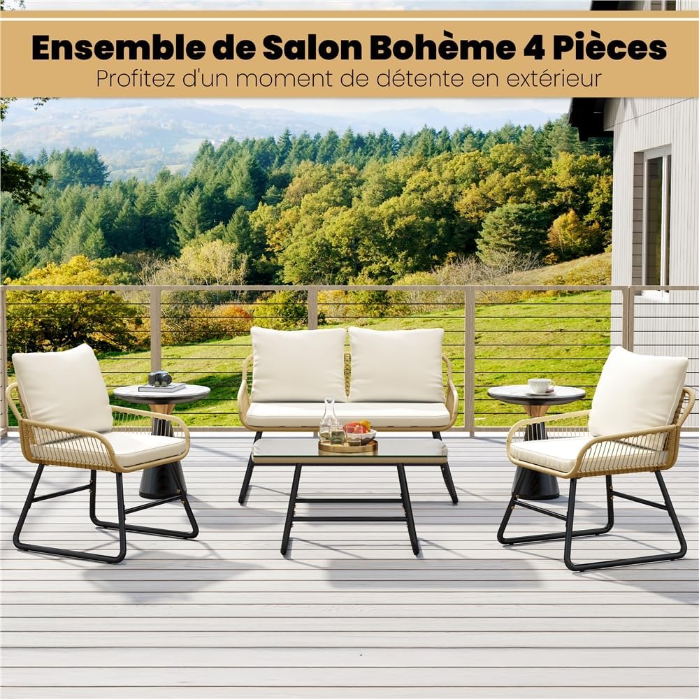Yaheetech - salon de jardin 4 places - canapé, fauteuils, table, bohème