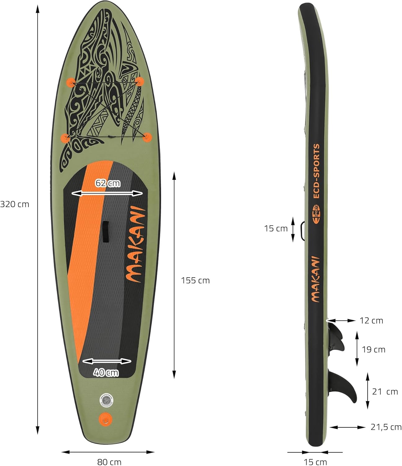 ECD Germany - Stand Up Paddle Série - 305/308/320/380 cm - PVC, 120/150 kg, épaisseur 10/15 cm, sac, pompe